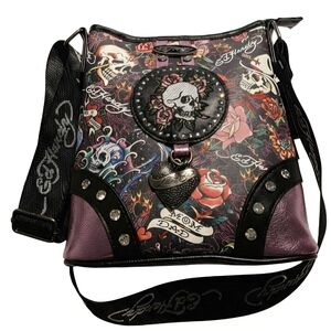 Ed Hardy Women's Skull & Roses Shoulder Bag - Black and Purple Vegan Material